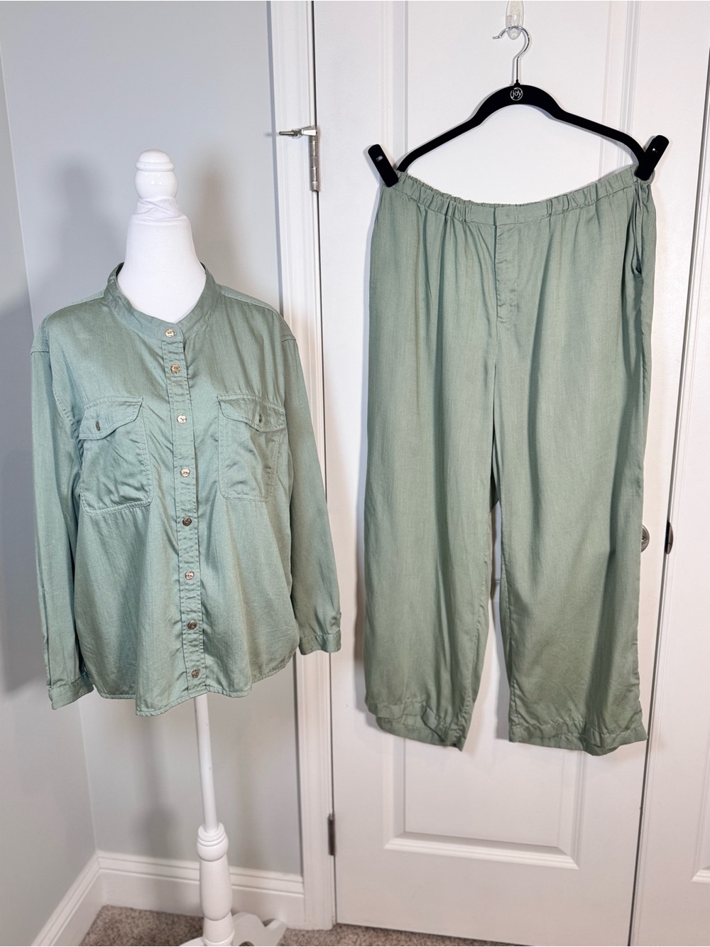 Lands’ End Sage Lyocell Utility Lagenlook Wide Leg Pants Set Shirt L Pants 18P